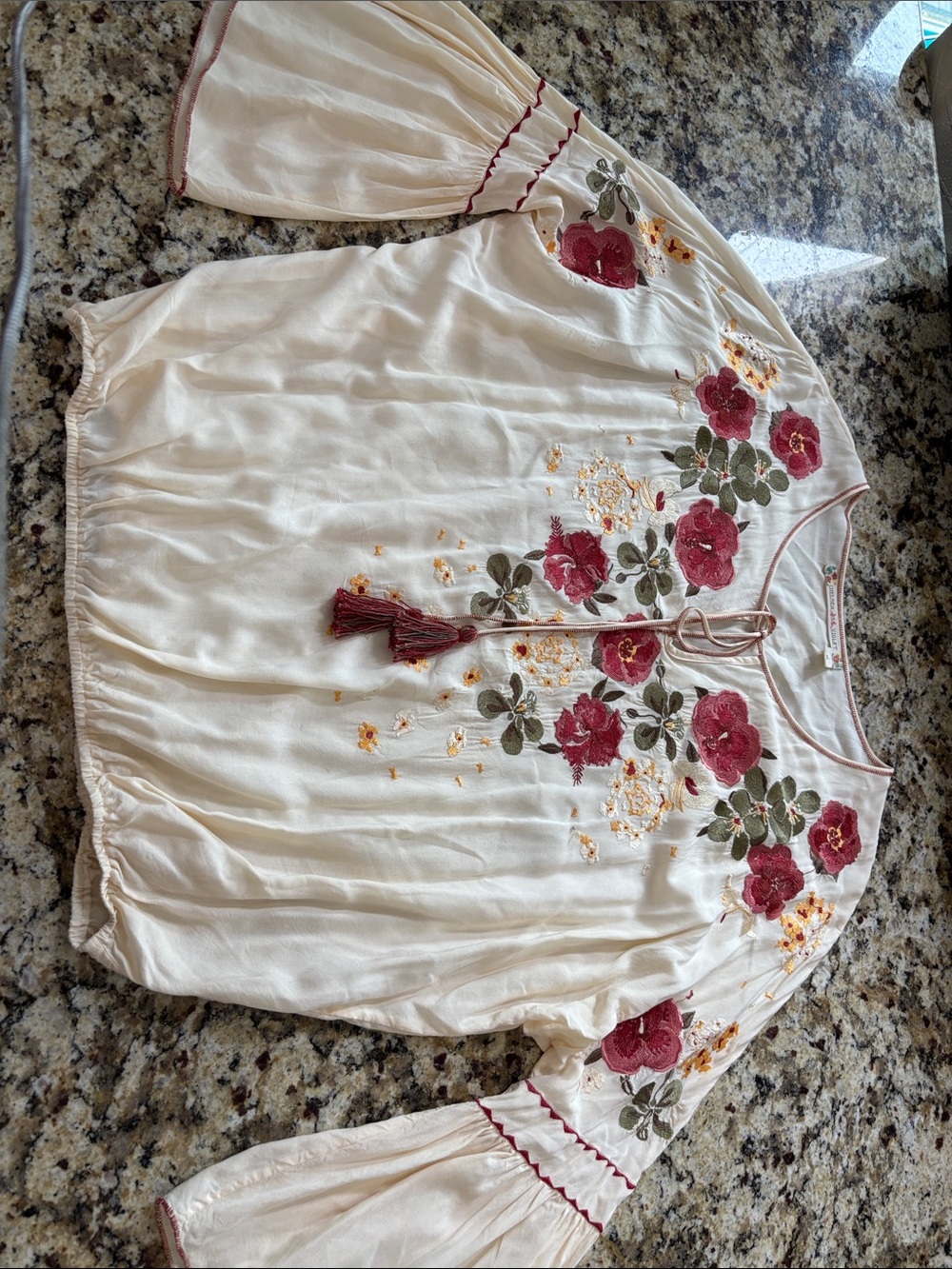 Chelsea & Violet Cream Embroidered Floral Peasant Top with Tassel
